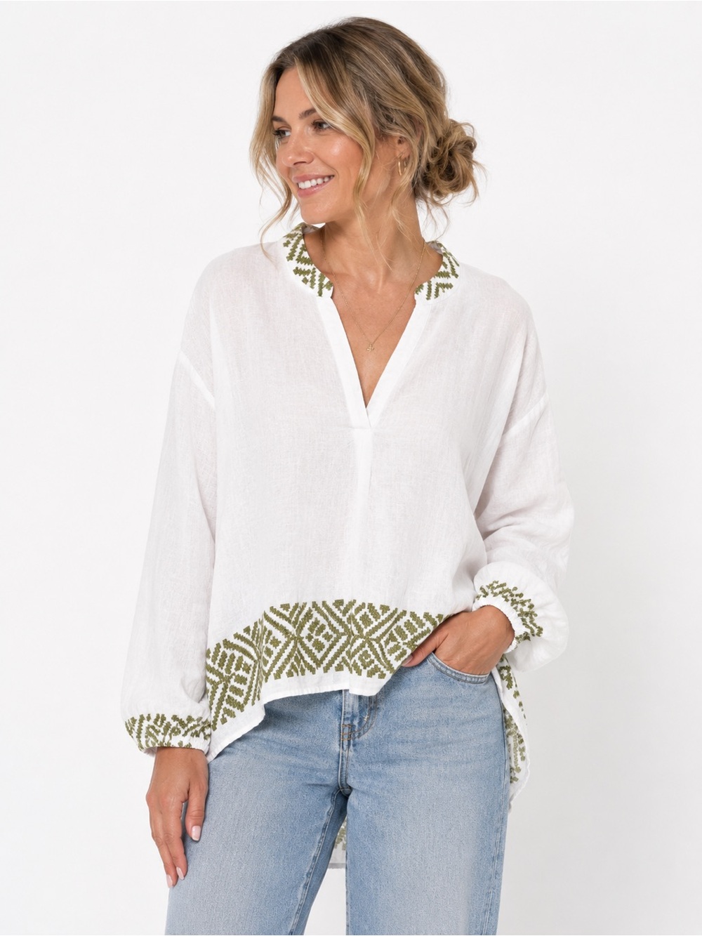 Zara White Tunic with Olive Geometric Embroidery